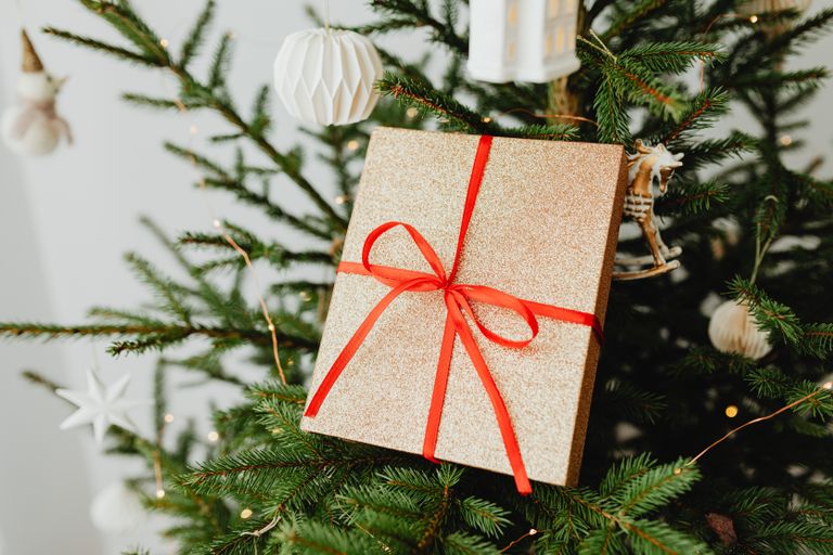 A beautifully wrapped gift with a red ribbon hanging on a decorated Christmas tree.